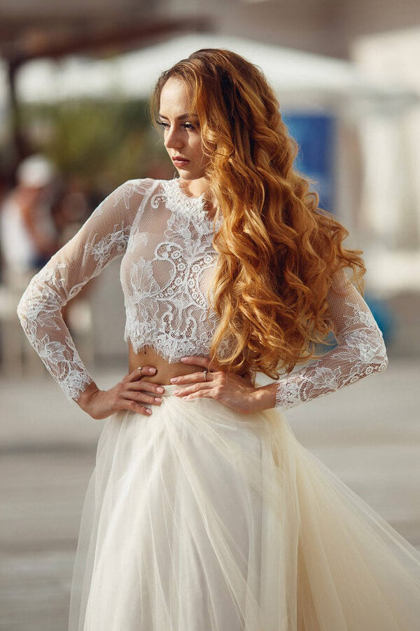 Vestido de novia largo de tul con encaje, corte A, de dos piezas y mangas