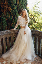 Vestido de novia largo de tul con encaje, corte A, de dos piezas y mangas