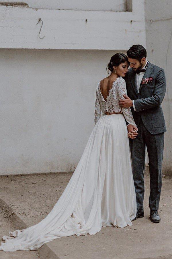 Vestido de novia de dos piezas de gasa con mangas largas y escote barco y encaje