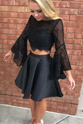 Vestido de fiesta de dos piezas de encaje negro de manga larga para regreso a casa