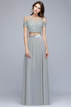 Two-piece Floor Length Appliqued Chiffon Prom Dresses