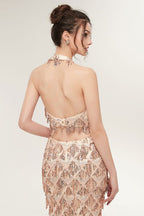 Two-piece Halter Mermaid Long Sequined Patterns Champagne Prom Dresses