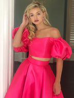 Robe de bal formelle longue en satin, deux pièces, ligne A, épaules dénudées avec manches