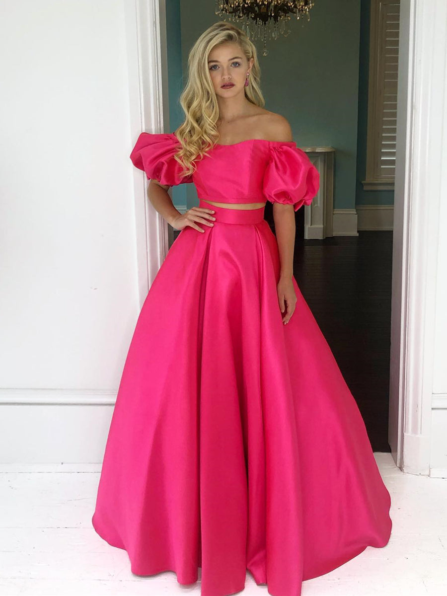 Robe de bal formelle longue en satin, deux pièces, ligne A, épaules dénudées avec manches