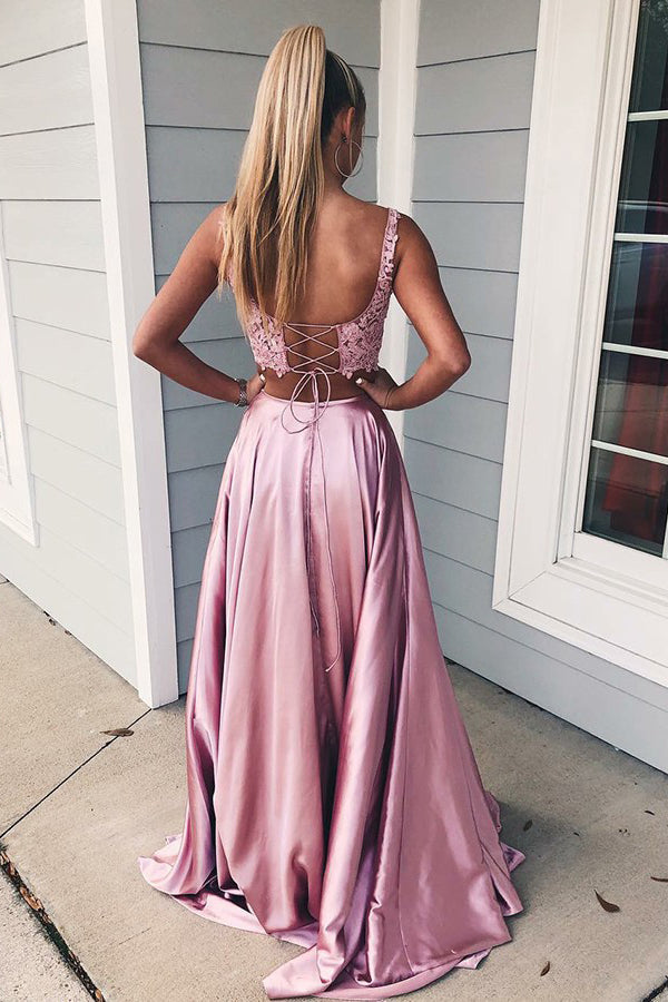 Robe de bal deux pièces longue en ligne A avec encolure carrée et fente avant, dotée de poches