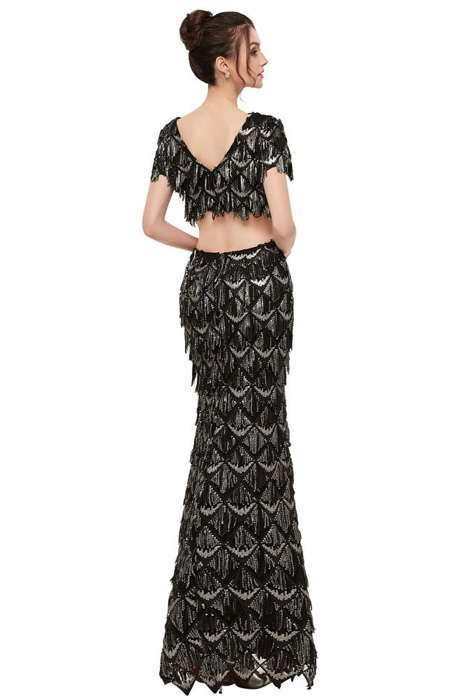 Robe de bal noire longue à paillettes, deux pièces, col en V, manches courtes, style sirène