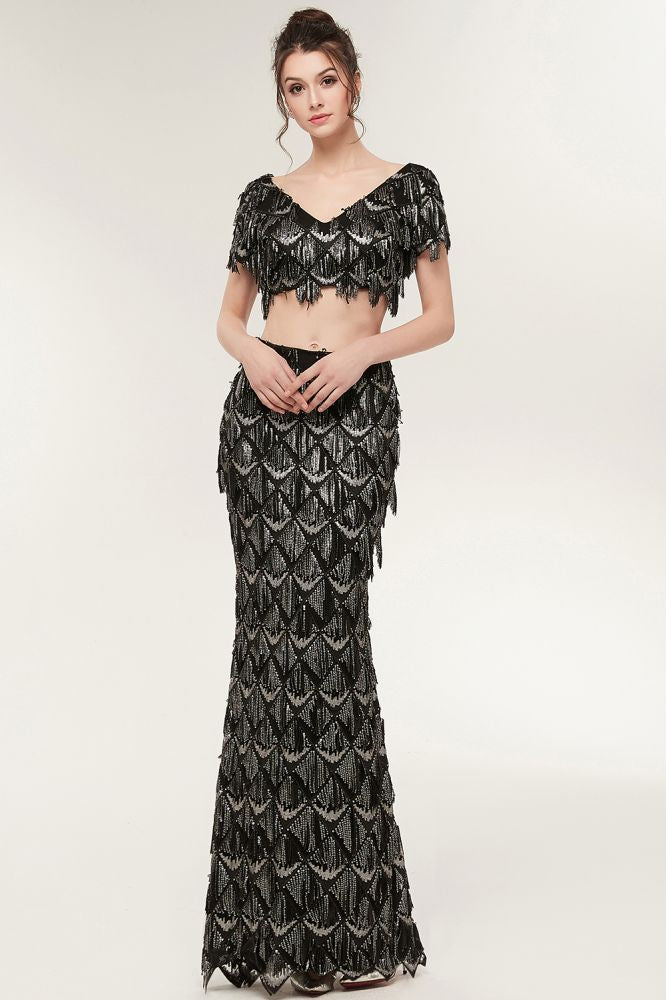 Robe de bal noire longue à paillettes, deux pièces, col en V, manches courtes, style sirène