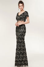 Robe de bal noire longue à paillettes, deux pièces, col en V, manches courtes, style sirène