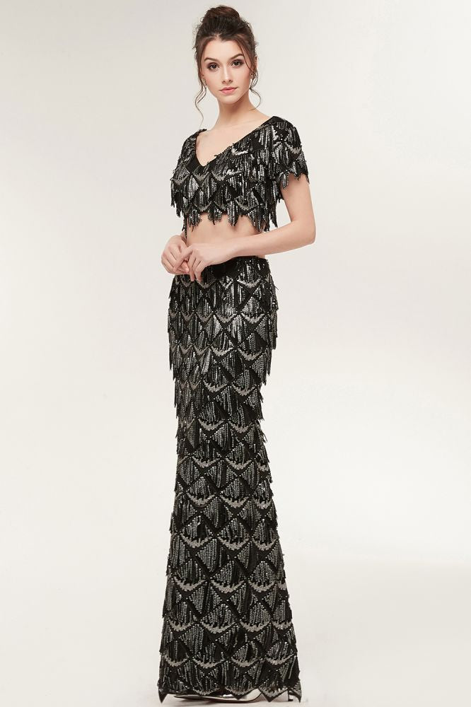 Robe de bal noire longue à paillettes, deux pièces, col en V, manches courtes, style sirène