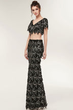 Robe de bal noire longue à paillettes, deux pièces, col en V, manches courtes, style sirène