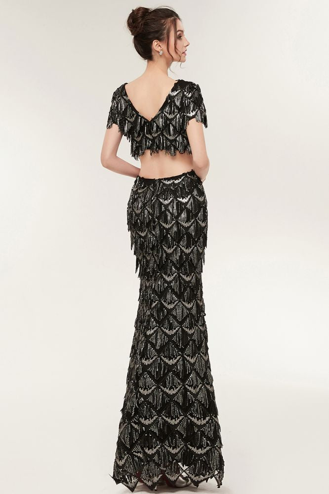 Robe de bal noire longue à paillettes, deux pièces, col en V, manches courtes, style sirène