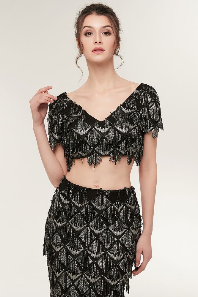 Robe de bal noire longue à paillettes, deux pièces, col en V, manches courtes, style sirène