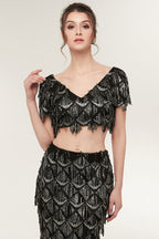 Robe de bal noire longue à paillettes, deux pièces, col en V, manches courtes, style sirène