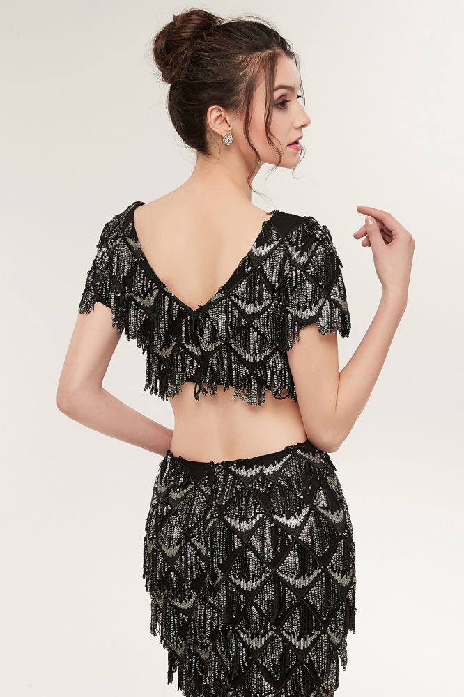 Robe de bal noire longue à paillettes, deux pièces, col en V, manches courtes, style sirène