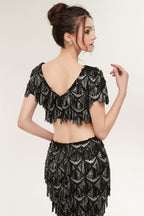 Robe de bal noire longue à paillettes, deux pièces, col en V, manches courtes, style sirène