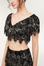 Robe de bal noire longue à paillettes, deux pièces, col en V, manches courtes, style sirène