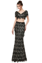 Robe de bal noire longue à paillettes, deux pièces, col en V, manches courtes, style sirène