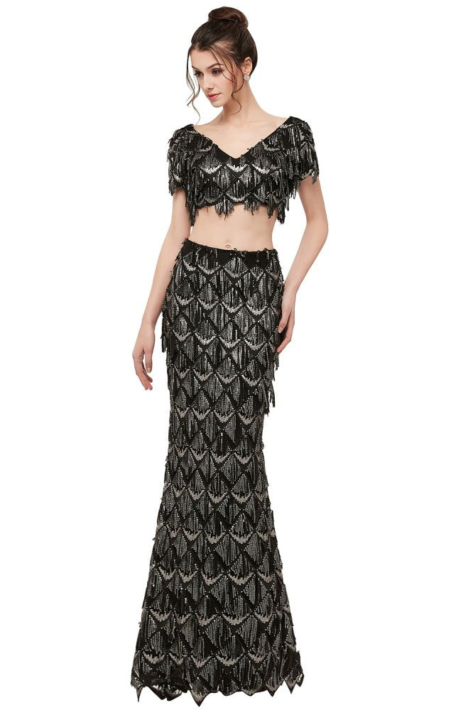 Robe de bal noire longue à paillettes, deux pièces, col en V, manches courtes, style sirène