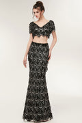 Robe de bal noire longue à paillettes, deux pièces, col en V, manches courtes, style sirène