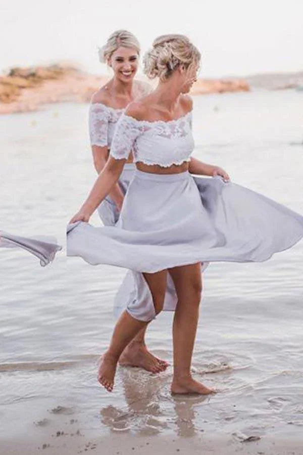 Zweiteiliges schulterfreies graues Chiffon-Kleid für Brautjungfern mit Spitze BD051