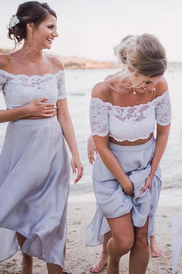 Zweiteiliges schulterfreies graues Chiffon-Kleid für Brautjungfern mit Spitze BD051