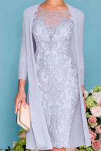 Two Piece Sheath / Column Mother of the Bride Dress Knee Length Chiffon Lace 3/4 Length Sleeve