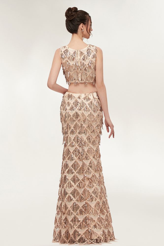 Two-piece Sleeveless Mermaid Floor Length Sequined Champagne Prom Dresses