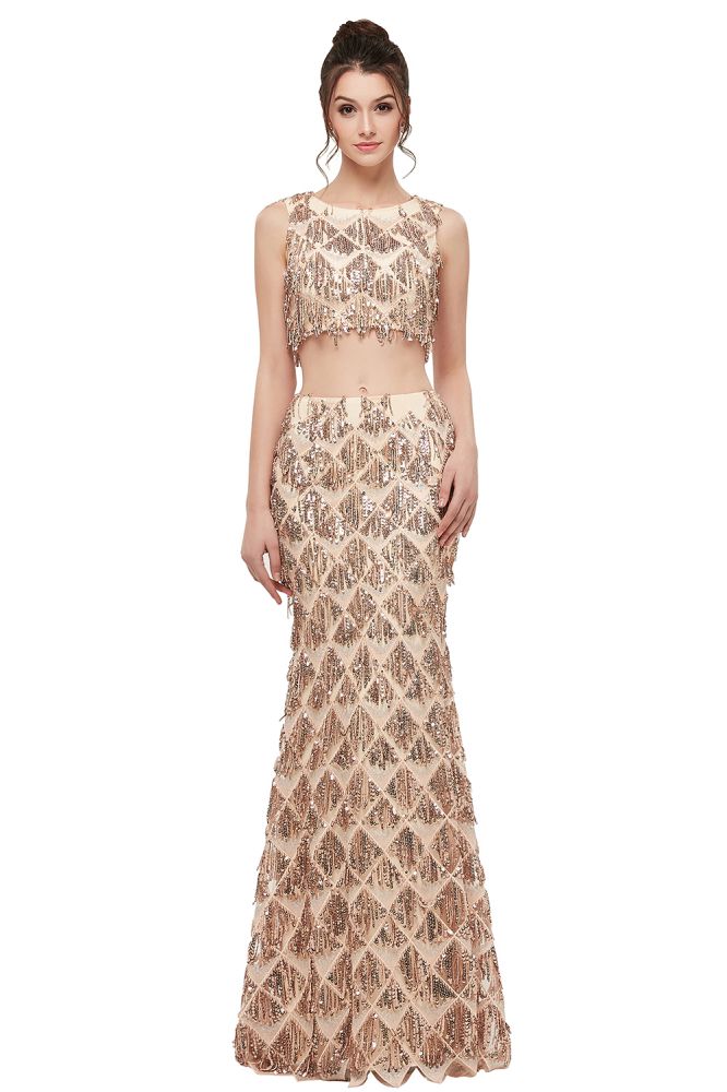 Two-piece Sleeveless Mermaid Floor Length Sequined Champagne Prom Dresses