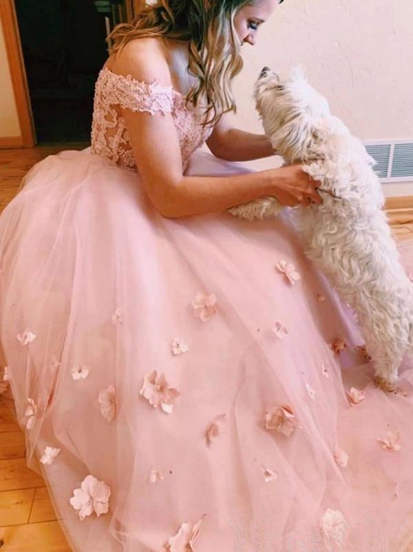 Two-piece V Neck Bridal Dresses 3D Flowers Appliqued Wedding Gowns