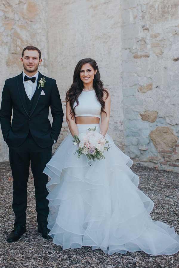 Vestidos de Noiva Brancos em Dois Peças Saia com Folhos Vestido de Noiva em Linha A