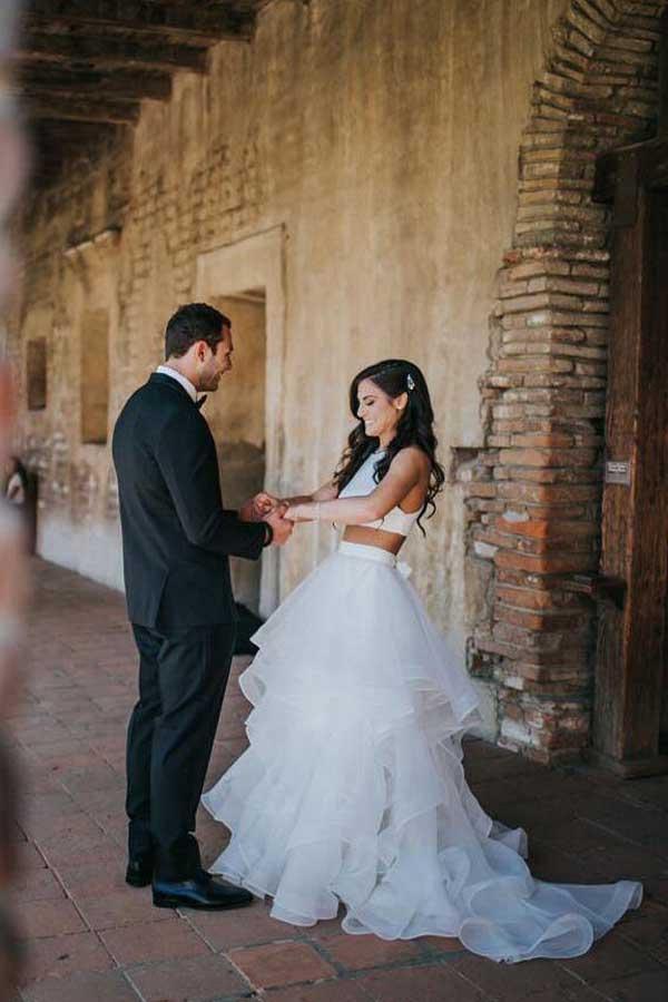 Vestidos de Noiva Brancos em Dois Peças Saia com Folhos Vestido de Noiva em Linha A