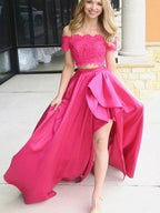 Robe de bal formelle en satin à deux pièces, décolleté asymétrique en dentelle, jupe évasée en ligne A