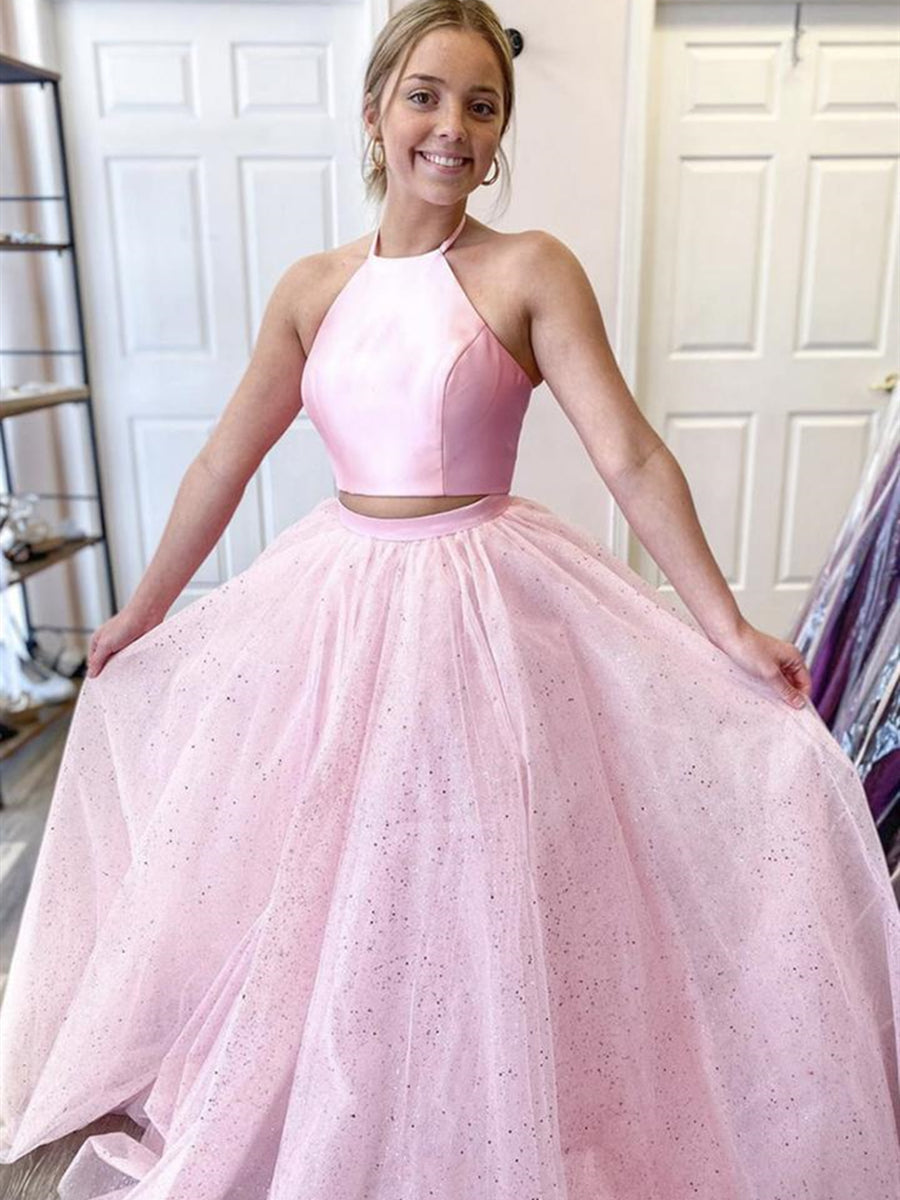 Robe de bal formelle longue deux pièces, ligne A, dos nu, en satin et tulle, à col licou
