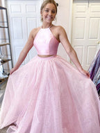 Robe de bal formelle longue deux pièces, ligne A, dos nu, en satin et tulle, à col licou