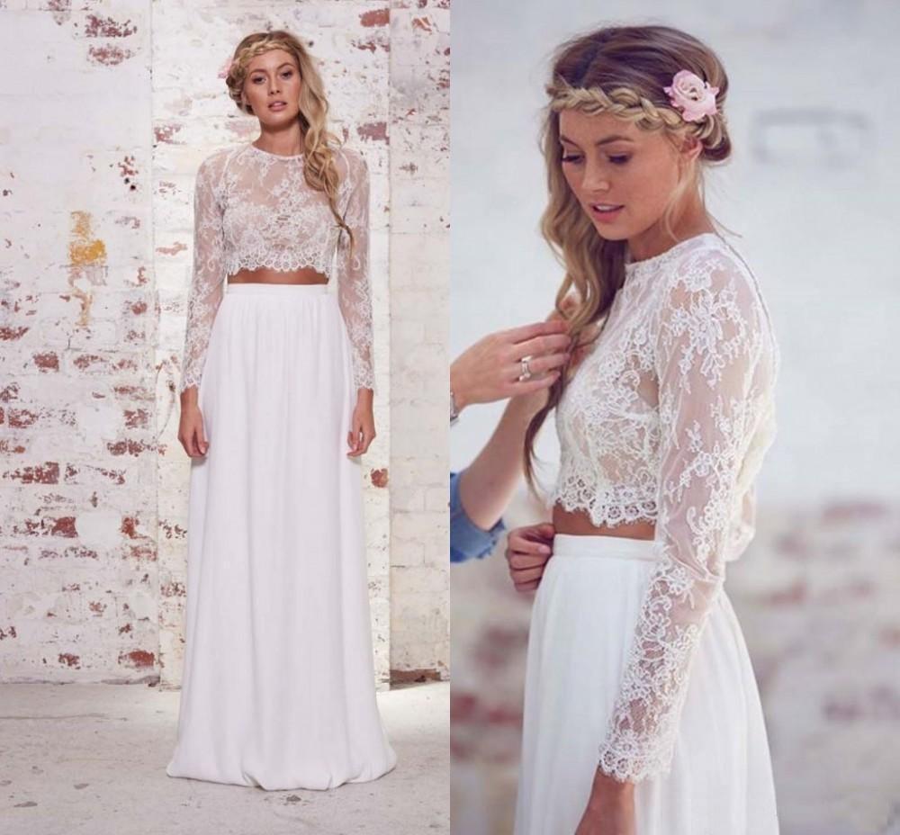 Zwei Stücke Lange Ärmel Spitze Weiß Strand Hochzeit Brautkleider