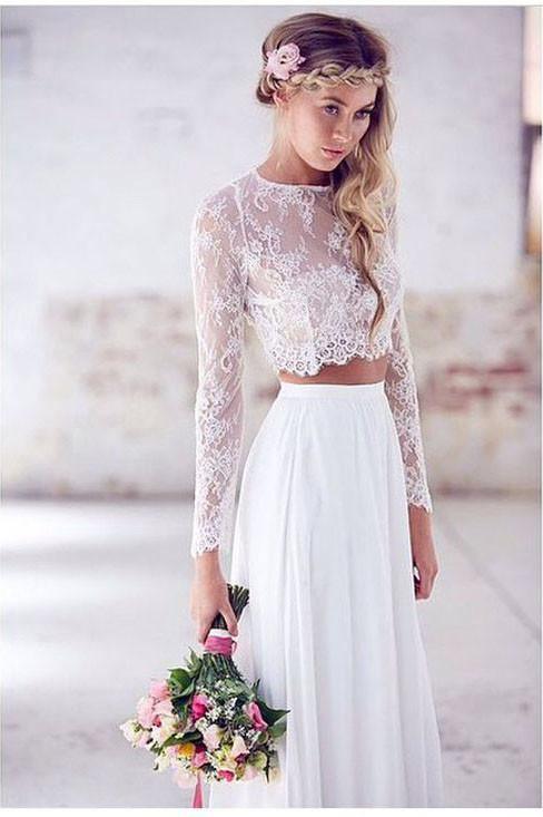 Zwei Stücke Lange Ärmel Spitze Weiß Strand Hochzeit Brautkleider