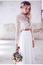 Zwei Stücke Lange Ärmel Spitze Weiß Strand Hochzeit Brautkleider