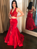 Robe de bal longue rouge formelle en deux pièces, col en V, dentelle, style sirène