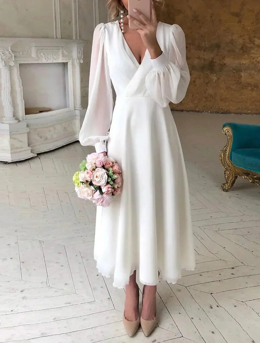 Vestidos de Noiva Pequenos Vestidos Brancos de Receção Vestidos de Noiva Linha A Decote em V Manga Comprida Comprimento até ao Tornozelo Vestidos Nupciais de Chiffon com Cor Sólida