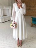 Vestidos de Noiva Pequenos Vestidos Brancos de Receção Vestidos de Noiva Linha A Decote em V Manga Comprida Comprimento até ao Tornozelo Vestidos Nupciais de Chiffon com Cor Sólida