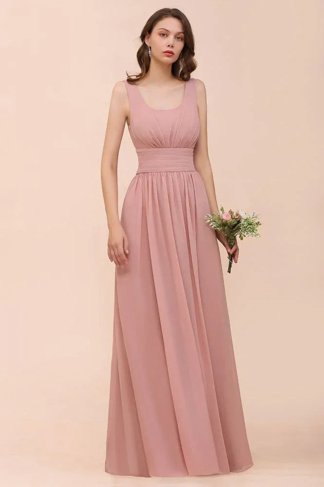U-Ausschnitt Hochtailliertes Brautjungfernkleid Langes Chiffon Festliches Kleid