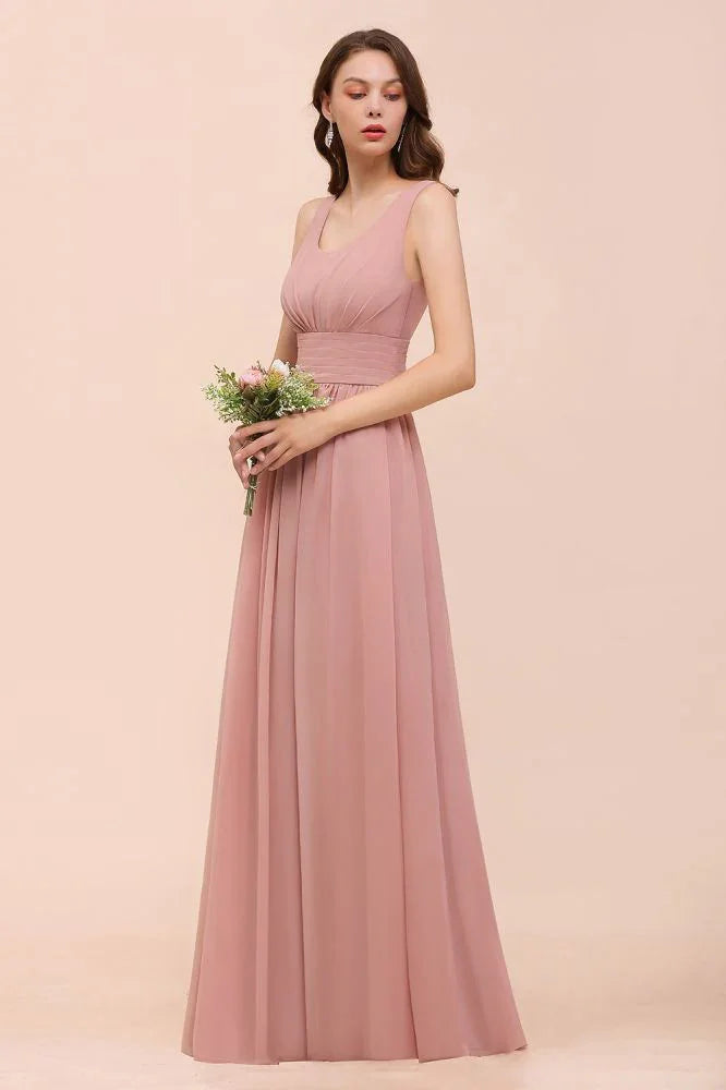 U-Ausschnitt Hochtailliertes Brautjungfernkleid Langes Chiffon Festliches Kleid