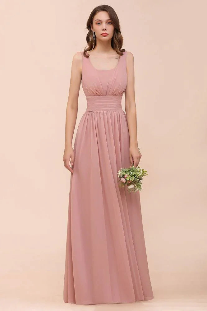 U-Ausschnitt Hochtailliertes Brautjungfernkleid Langes Chiffon Festliches Kleid