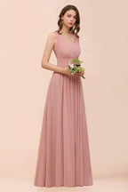 U-Ausschnitt Hochtailliertes Brautjungfernkleid Langes Chiffon Festliches Kleid