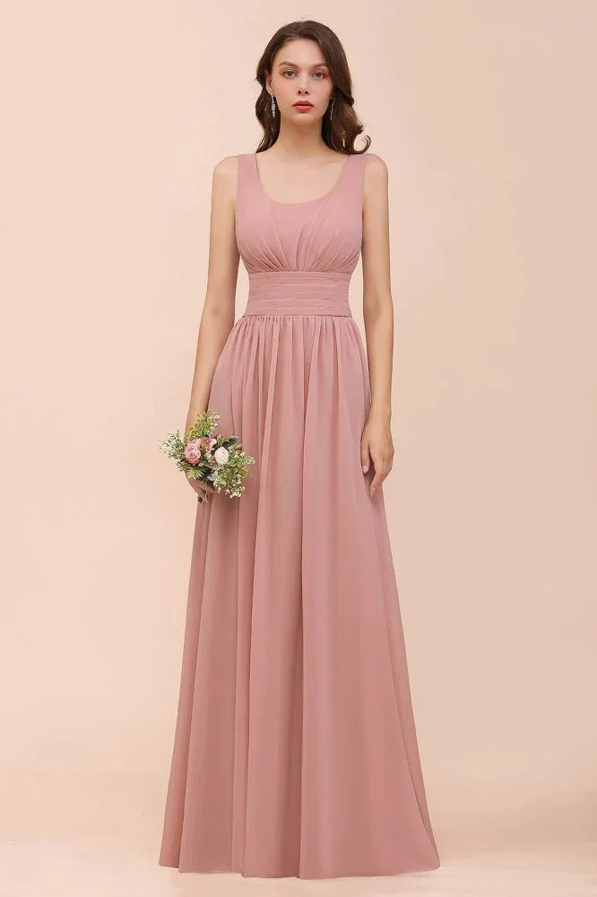 U-Ausschnitt Hochtailliertes Brautjungfernkleid Langes Chiffon Festliches Kleid