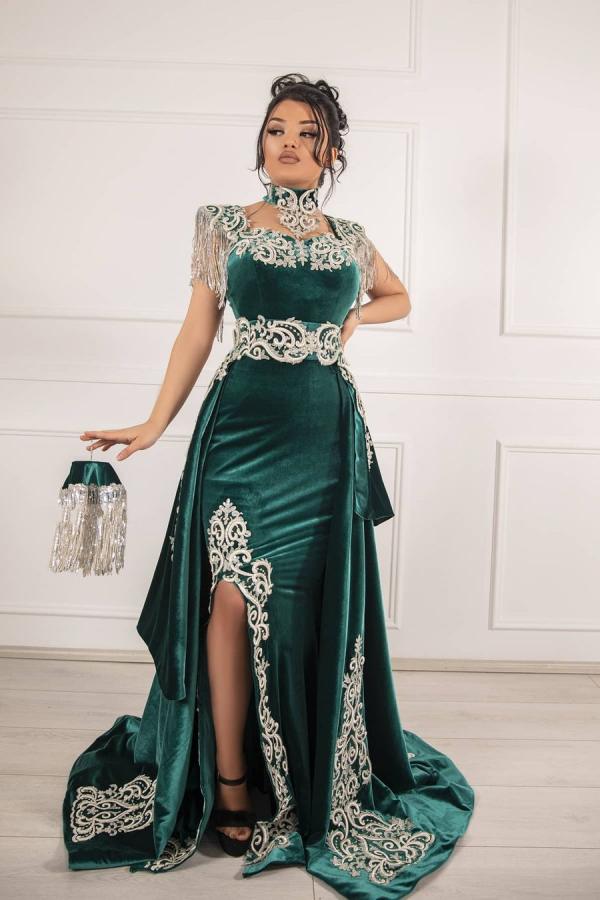 Robes de bal longues vertes uniques en velours style sirène avec fente