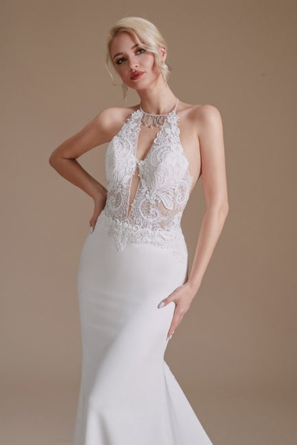 Vestidos de novia únicos de satén con escote halter, sin mangas, corte sirena y largo hasta el suelo con estampado 