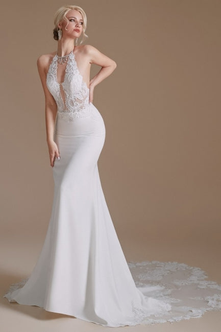 Vestidos de novia únicos de satén con escote halter, sin mangas, corte sirena y largo hasta el suelo con estampado 