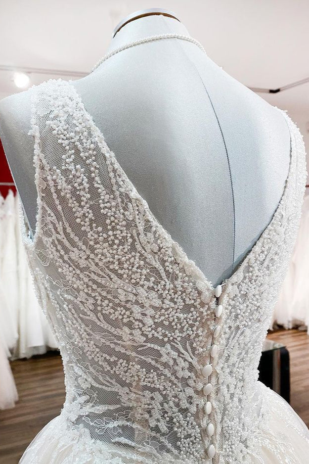 Abito da sposa unico avorio lungo principessa con scollo a V in tulle e pizzo