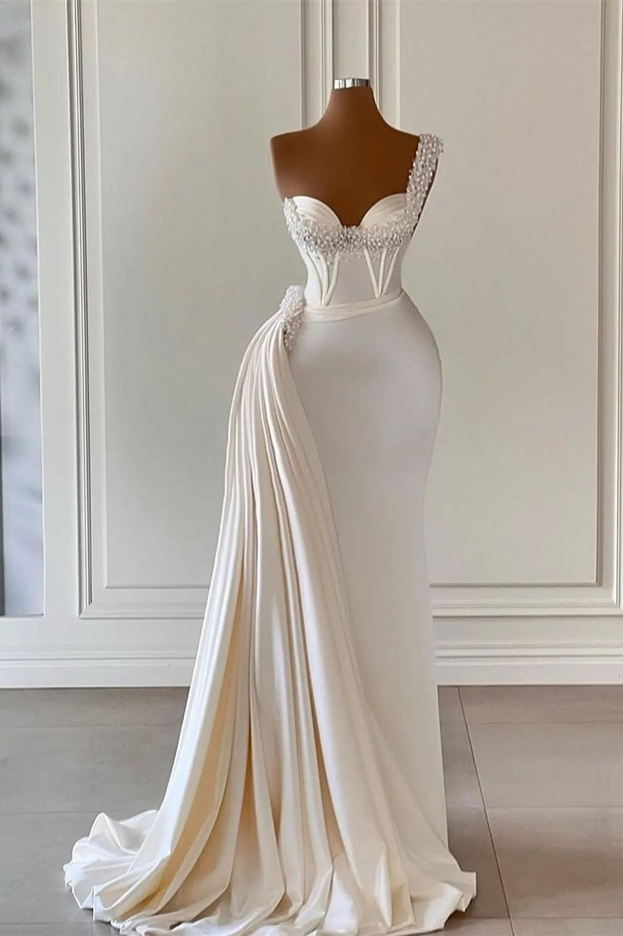 Vestidos de Noiva Únicos Marfim com Um Ombro, Decote Coração, Sem Mangas, Corte em A, com Contas